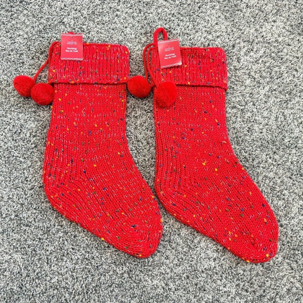 Ashland Set of 2 Christmas Red Knitted Speckled Confetti Pom-Pom Stocking.